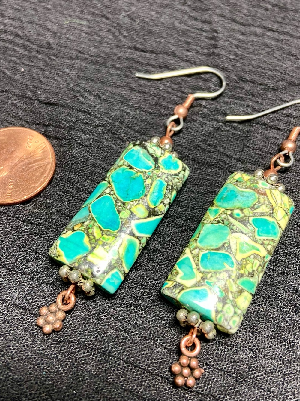 Turquoise and Lemon Lime Mosaic Drop Earrings - Picture 3 of 3